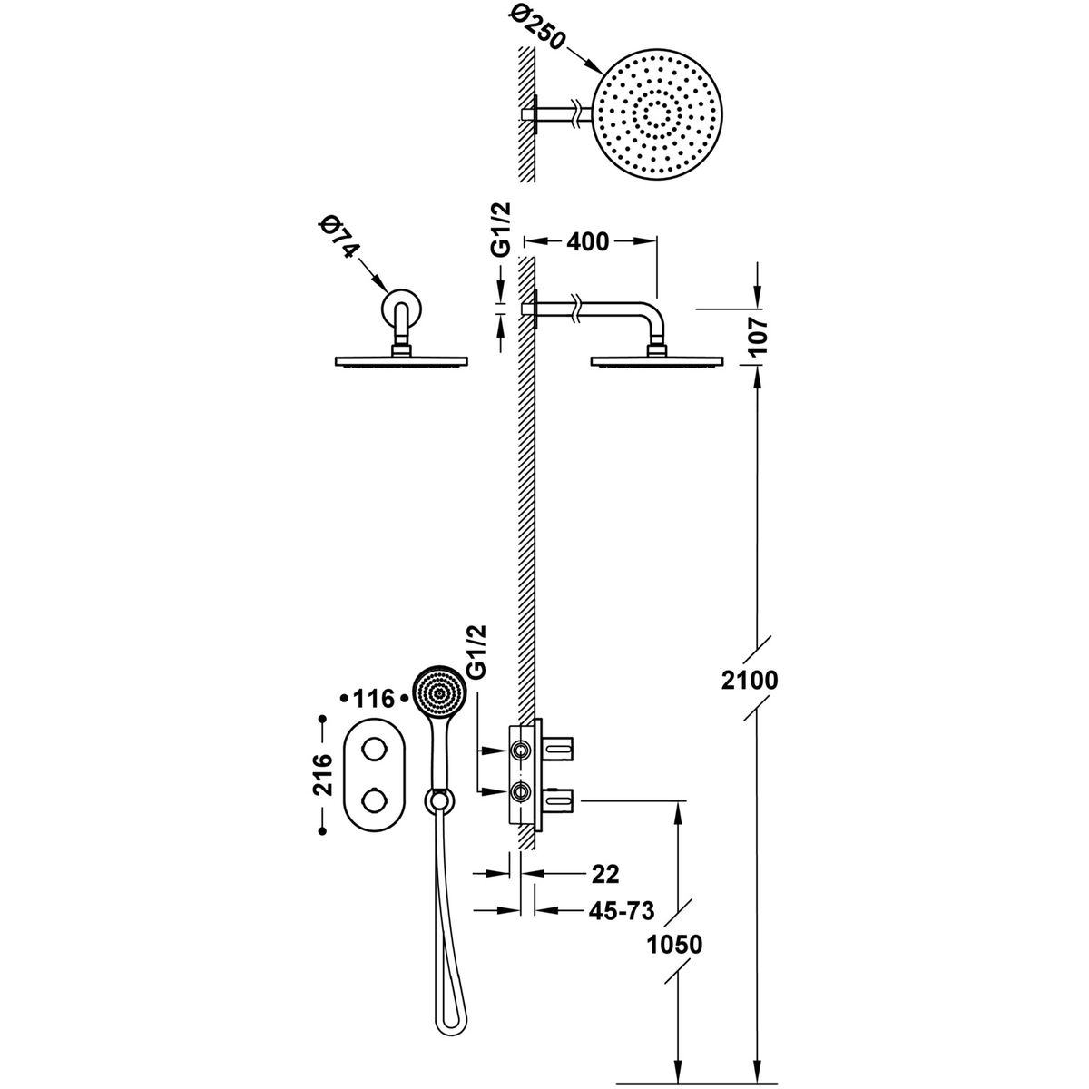 Dušo sistema termostatinė potinkinė TRES THERM-BOX, chromas 21525004