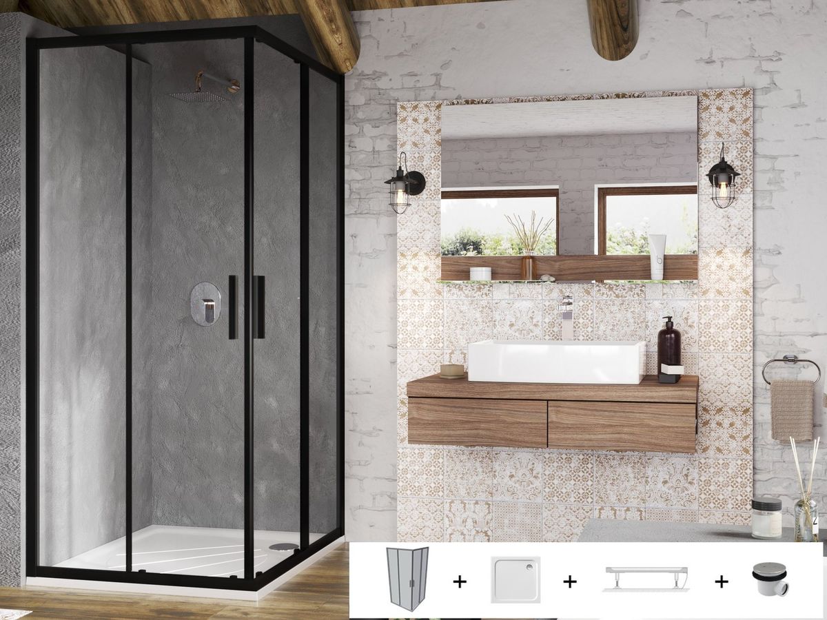 Dušo kabinos komplektas Ravak SET8 - BLSRV2 80x80, juoda+stiklas Transparent