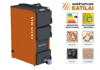 Kieto kuro katilas EKON-MAX+E, apatinio degimo, 20kW, su orapūte, valdikliu ir dūmų temperatūros davikliu