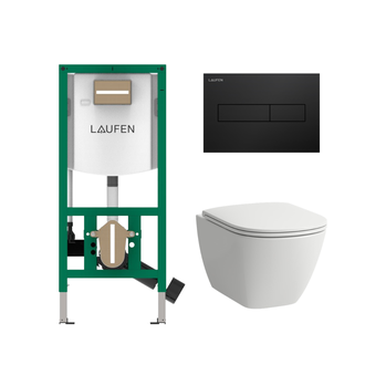 Komplektas: rėmas Laufen INEOLINK su juoda matine plokštele ir unitazas Laufen Lua Rimless