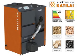 Granulinis katilas 20 kW komplekte su rotac. 20 kW degikliu, sraigtu, 230 l metaliniu bunkeriu