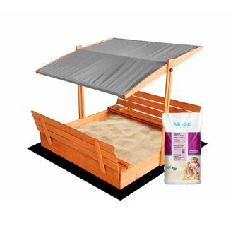 Impregnuota medinė smėlio dėžė su pilkos spalvos stogeliu ir 250 kg smėlio, 120x120 cm