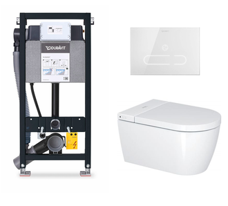 Komplektas: klozetas Duravit SensoWash® Starck f Plus Compact ir rėmas Duravit DuraSystem su baltu mygtuku, WD7014001000