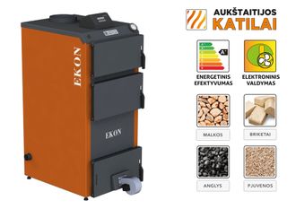 Kieto kuro katilas EKON+E, apatinio degimo, 10kW, su orapūte, valdikliu ir dūmų temperatūros davikliu