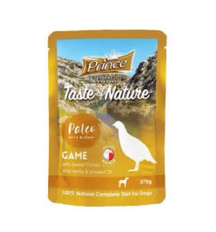 PRINCE Taste of Nature Paleo šlapias ėdalas šunims žvėriena/saldžioji bulvė/laukinės žolelės/linų sėmenų aliejus 375g