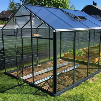 Šiltnamis Gampre Sanus Hybrid XL (plotis 2,9 m) sienos 4 mm stiklas, stogas 6 mm polikarbonatas 2,20 m antracitas