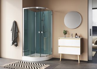 Dušo boksas Ronal MODUL 1200 90X90cm su padėklu, stumdomom durim ir dušo sistema 29094RS