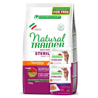 NATURAL TRAINER Cat Adult Sterilised Turkey su kalakutiena 1.5kg+2konservai